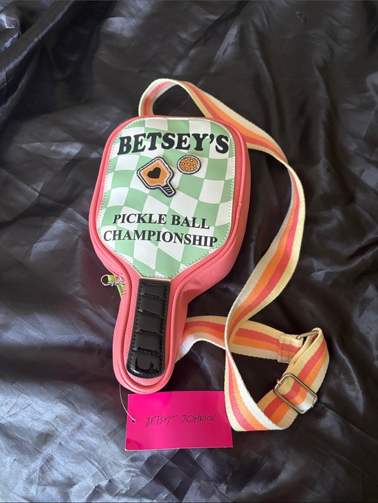 Betsey Johnson Handbags - Betsey Johnson Pink & Green Pickleball Paddle Crossbody Bag with Striped Strap